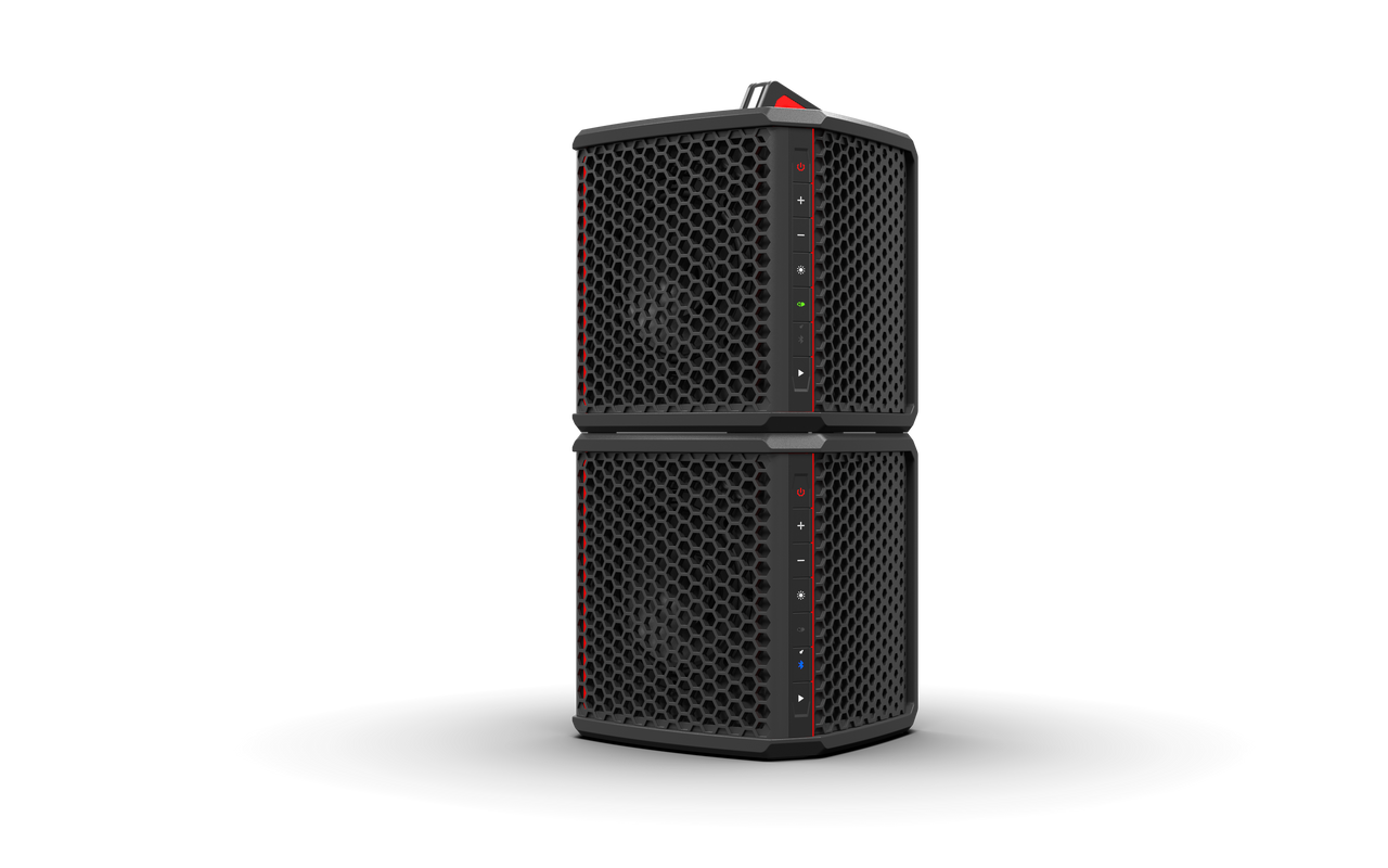 Stackable Wet Sounds WS-L portable speaker  shown in rugged, all-weather design for expanded sound coverage and easy transport.